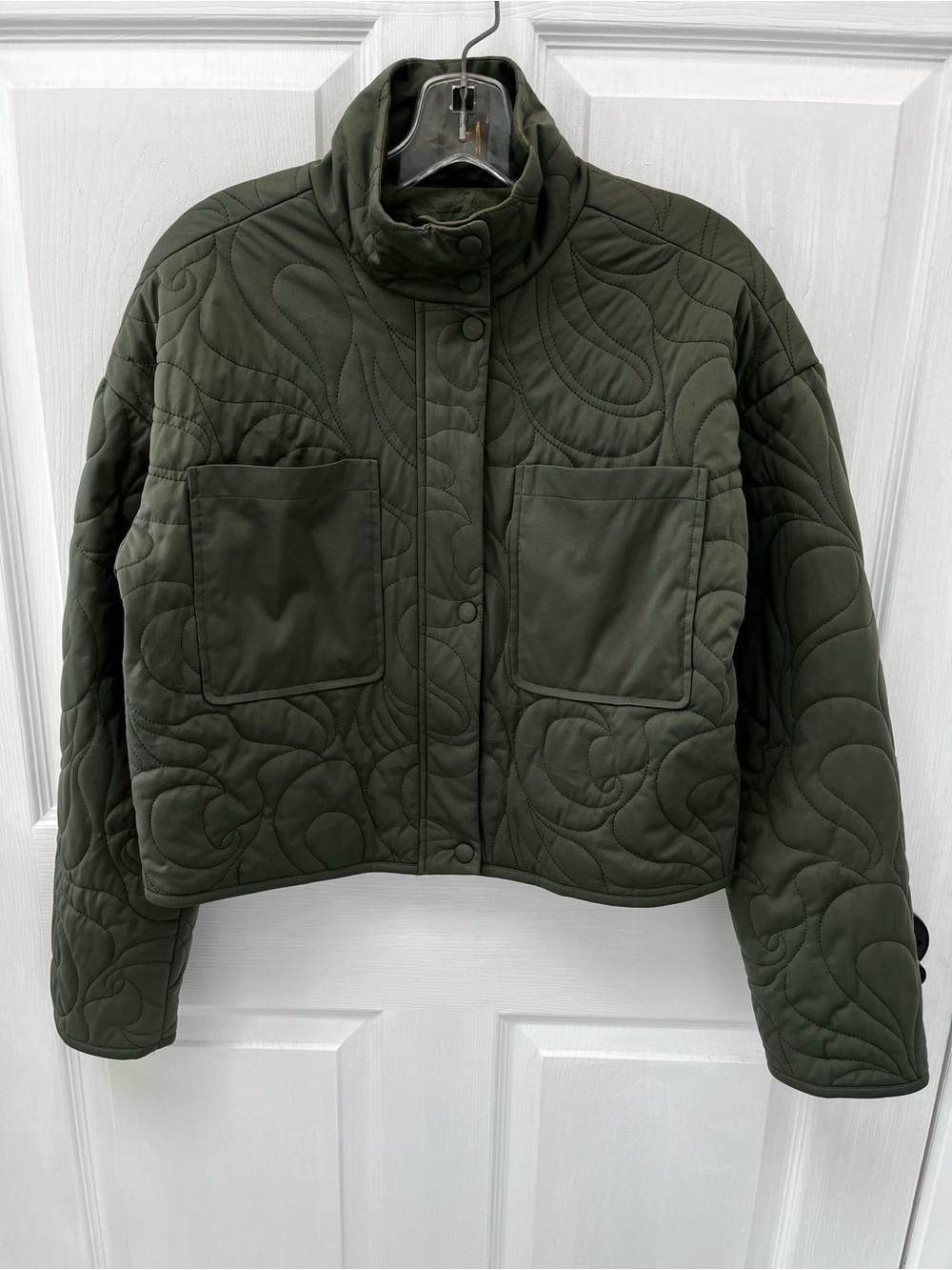 7 For All Mankind Quilted Cropped Boxy Jacket Dark Olive Small Funnel Neck Prep